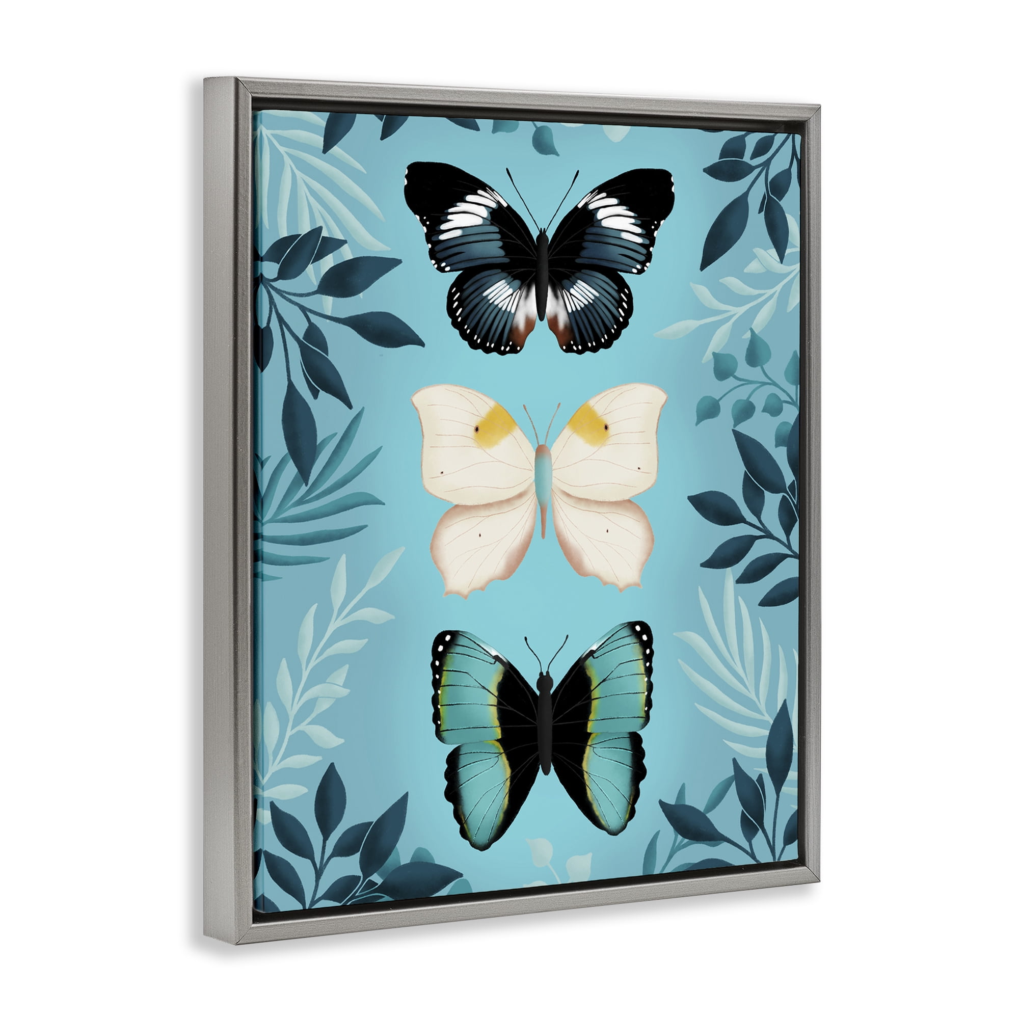 Stupell Industries Three Exotic Blue Butterflies Gray Framed Floater Canvas Wall Art, design by Metka Hiti