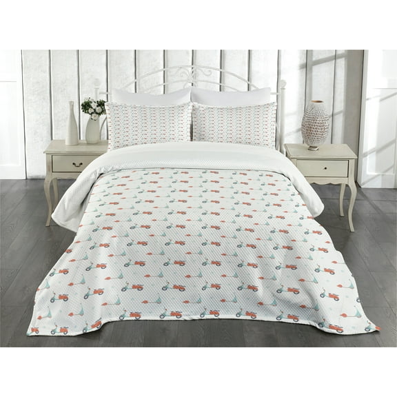 Ambesonne Motorcycle Quilted Bedspread Set 3 Pcs, Mopeds Scooters, King Size, Salmon Seafoam