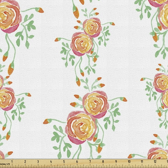 Floral Fabric by the Yard, Vertical Art of Flowers with Leaves Budding, Decorative Upholstery Fabric for Chairs & Home Accents, Orange Green by Ambesonne
