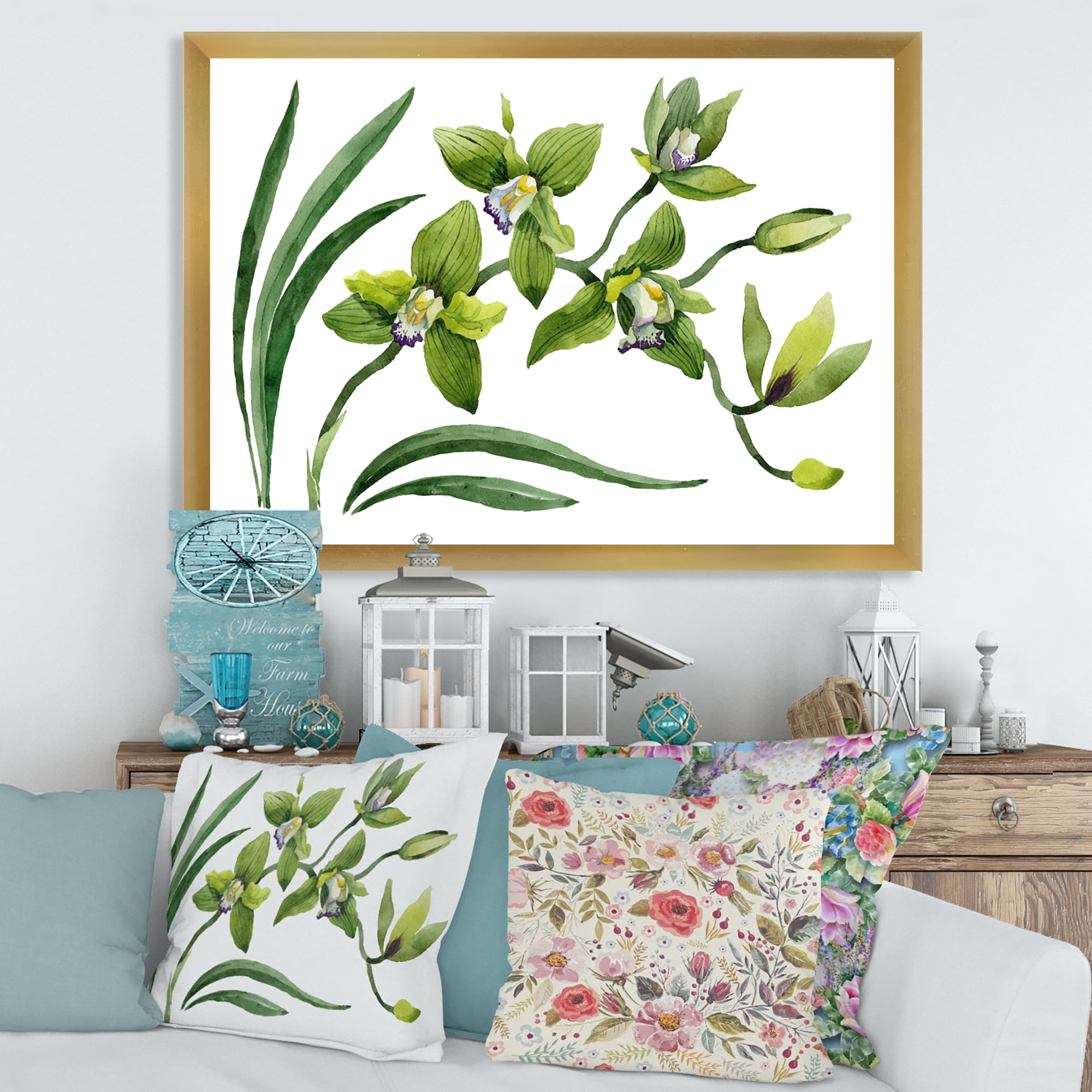 Designart 'Green Orchid Flowers On White' Traditional Framed Art Print