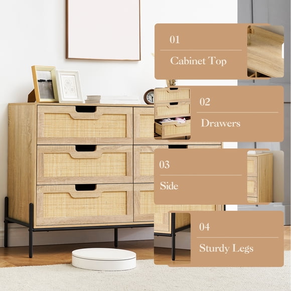 Cómoda de Ratán Natural, Cómoda de 6 Cajones de 47,2 Pulgadas de Ancho, Organizador de Almacenamiento de Madera Moderno para Armario, Sala de Estar