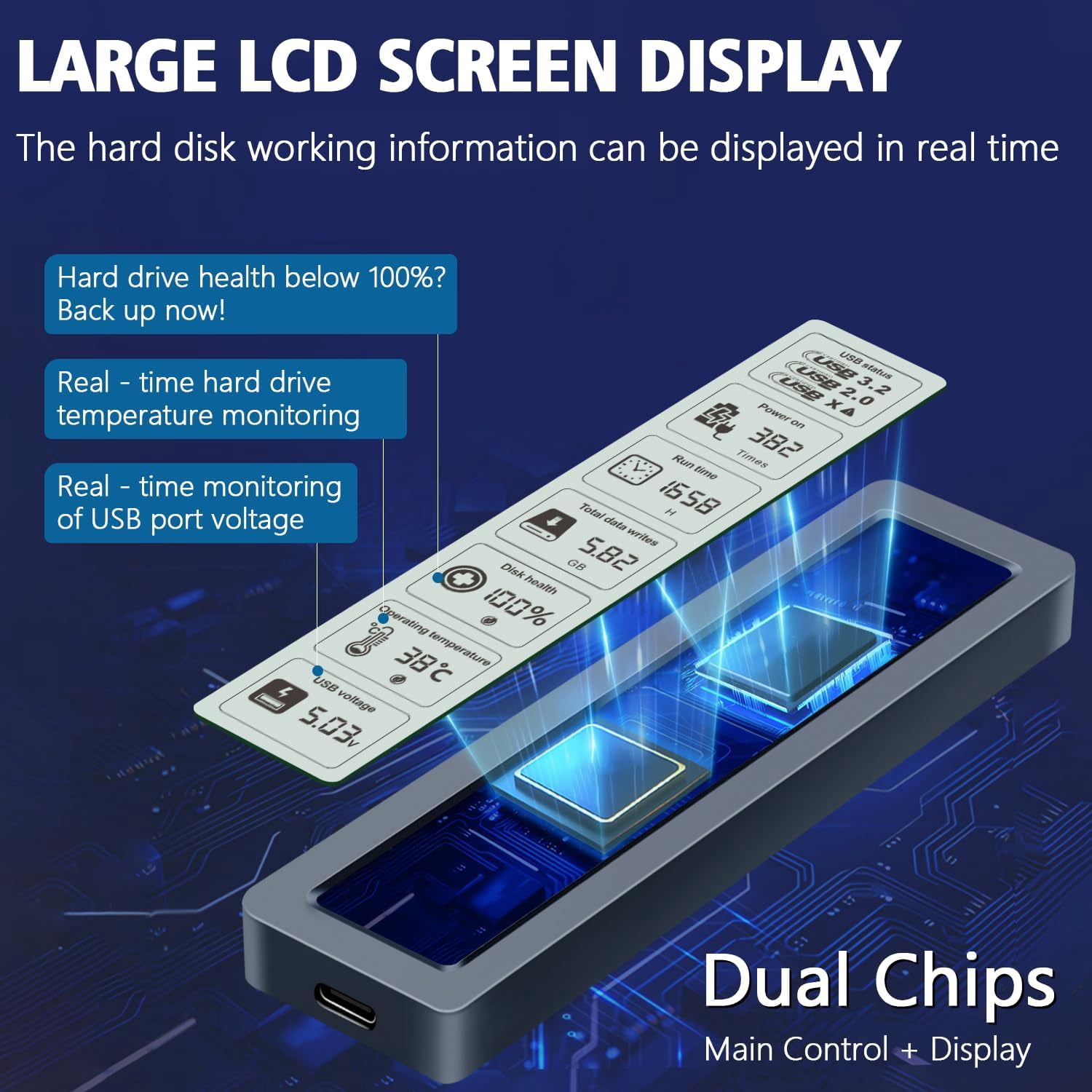 Smart M.2 NVMe SSD Enclosure with LCD Screen – 10Gbps USB 3.2 Gen2, Real-Time Health Monitoring, Tool-Free Installation, Heat Dissipation for NVMe PCIe 2230/2242/2260/2280 up to 4TB
