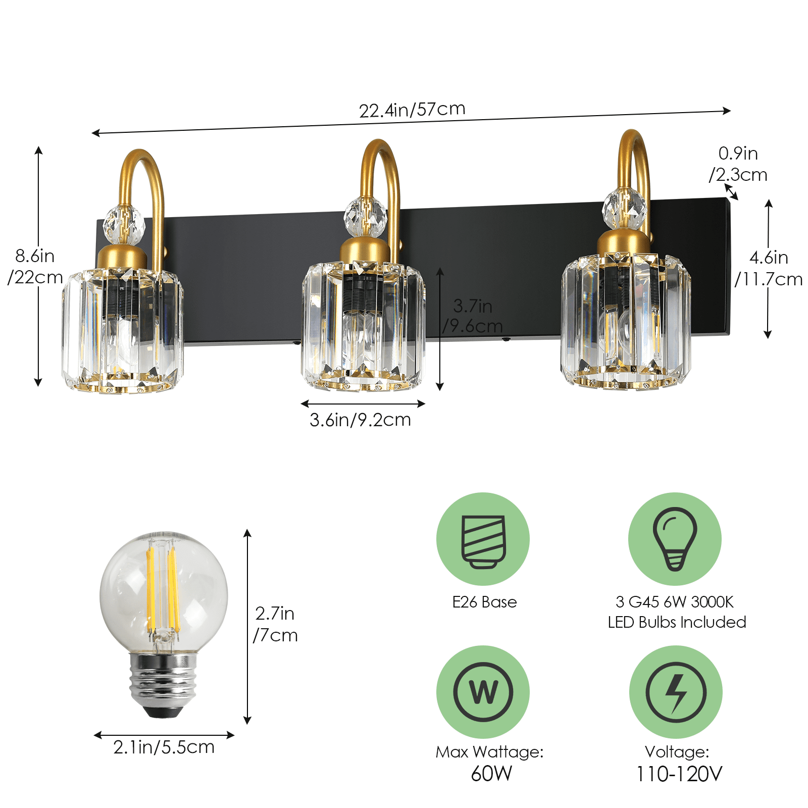 Bathroom Light Fixtures, 3 Light Modern Vanity Lights with Clear Crystal Shades, Wall Lamp for Mirror, 3 Bulbs Include