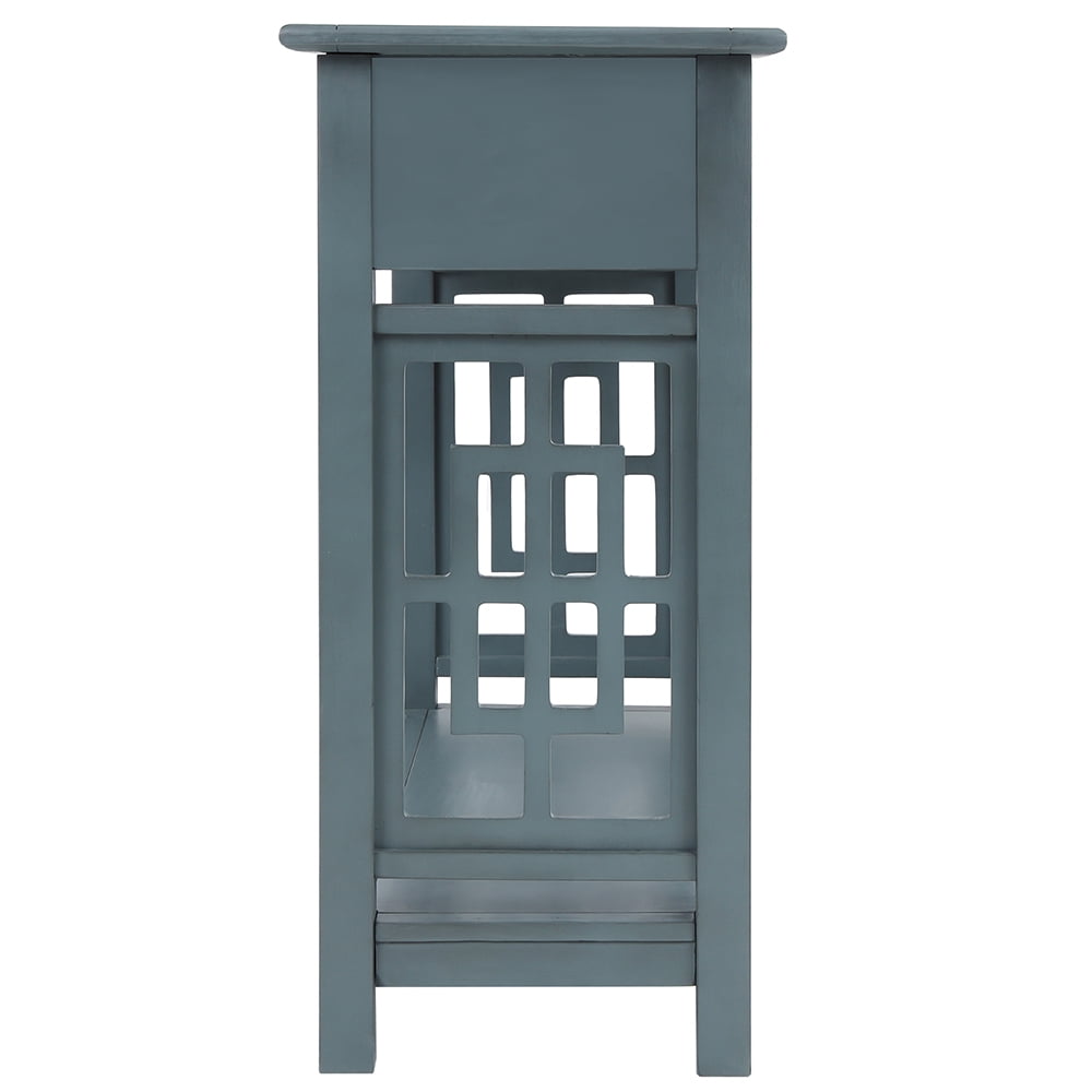 Lowestbest Side Console Table, Solid Wood Console Sofa Table with Bottom Shelf, Entryway Accent Sofa Table with 2 Drawers, Blue