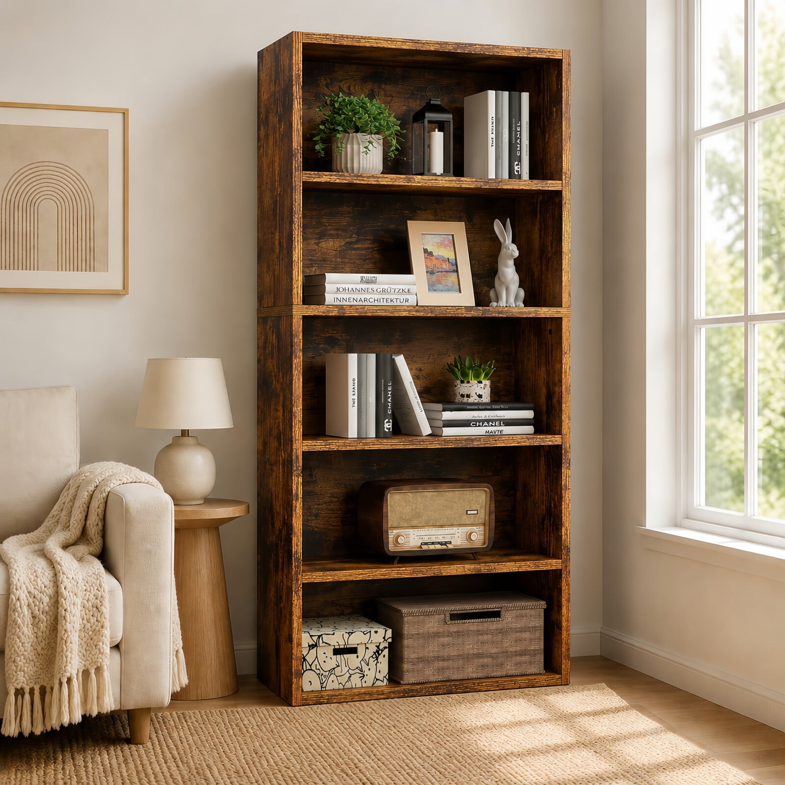 Kelno 5 Tier Vintage Bookshelf 53" Freestanding Wood Bookcase with Adjustable Shelf Anti-Tip Kit, Rust