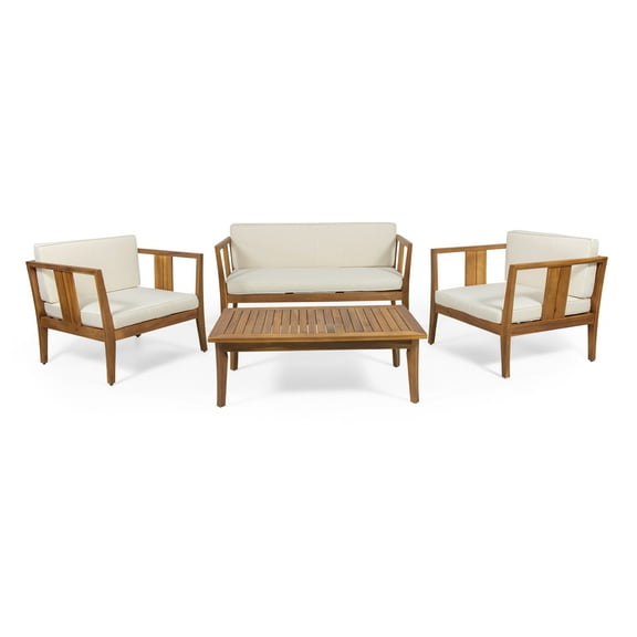 Katalina Outdoor 4 Seater Acacia Wood Chat Set, Teak, Beige