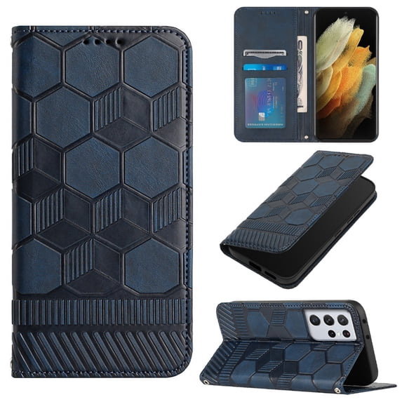 Nalacover For Samsung Galaxy S21 Ultra Wallet Case,Magnetic Embossed Soccer Ball Pattern PU Leather Flip Kickstand Cash Card Slots Shockproof with Detachable Wrist Strap Cover.Darkblue