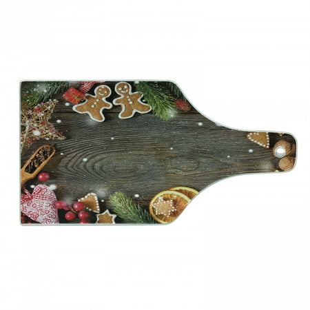 

Gingerbread Man Cutting Board Christmas Frame with Spices Biscuits Elements on Table Art Print Decorative Tempered Glass Cutting and Serving Board Wine Bottle Shape Multicolor by Ambesonne