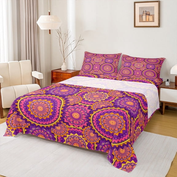 jejeloiu Boho Bohemian Floral Full Size Sheets,Aztec Geometric Flower Bed Sheets,Pink Purple Sheet Sets For Adults,Luxury Bedroom Decor,4 Pieces