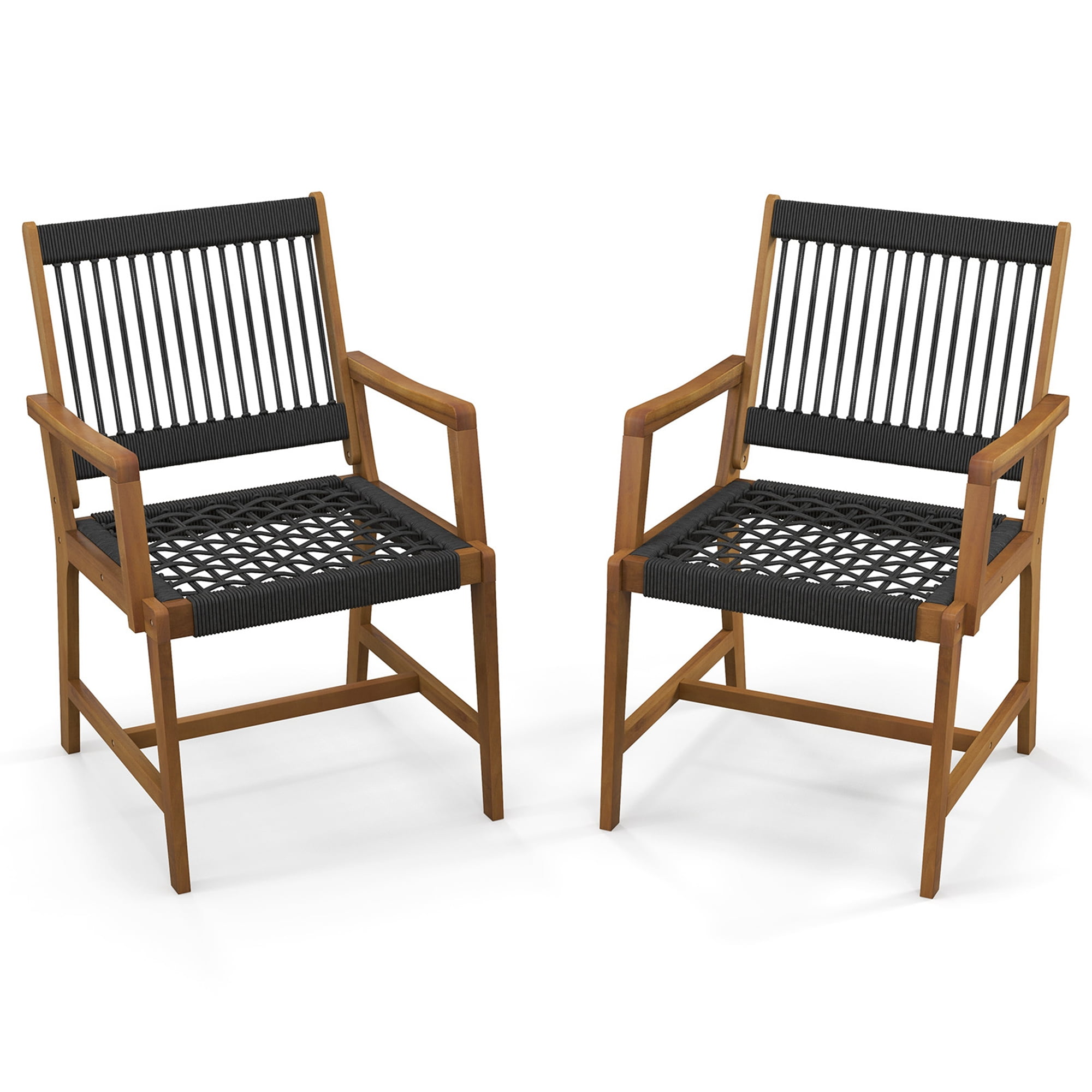Costway Patio 2pcs Acacia Wood Dining Chairs AllWeather Rope Woven