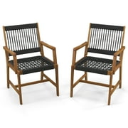 Costway Patio 2pcs Acacia Wood Dining Chairs All-Weather Rope Woven Armchairs Outdoor