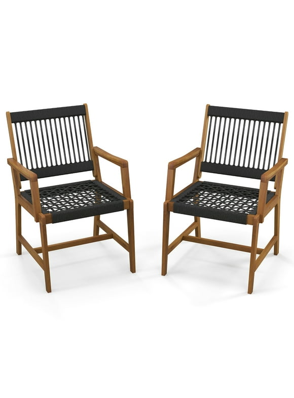 Costway Patio 2pcs Acacia Wood Dining Chairs All-Weather Rope Woven Armchairs Outdoor