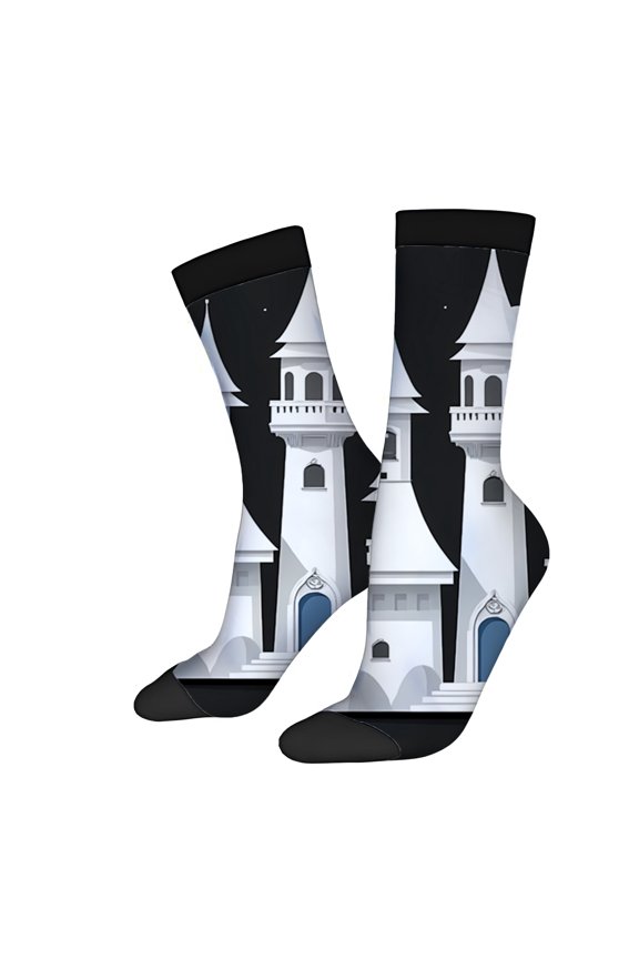 Four Seasons Universal Socks (2 Pairs) - Unisex Trendy Mixed Color Socks with Night Sky Design Featuring a White Tower Clouds and Stars