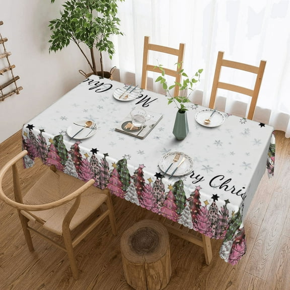 Christmas Tree Aesthetic Pink Green Plaid Xmas Tree Snowflake Tablecloth 50x70 Inch, Washable Waterproof Rectangular Table Cover for Party Picnic Dinner Decor