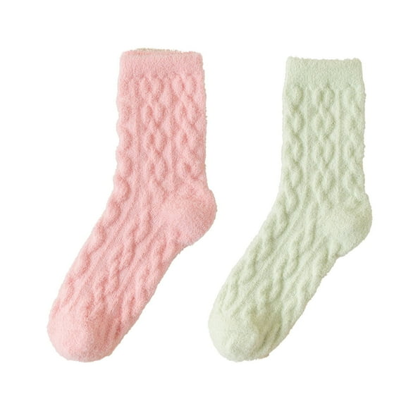TELOLY 2Pairs Soft Plush Fuzzy Socks, Cozy Warm Long Winter Wear, Pink and Green
