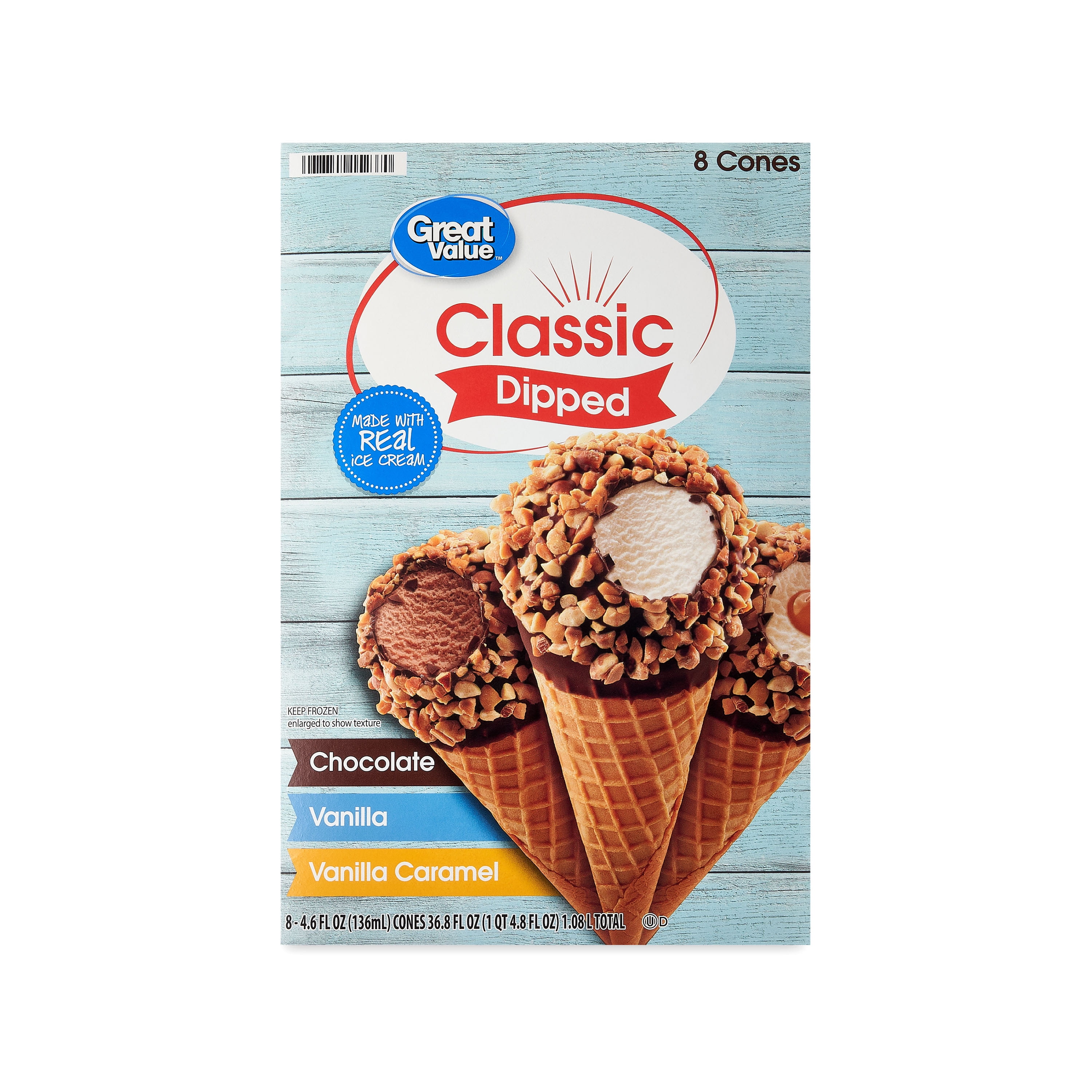 Great Value Classic Dipped Ice Cream Cones Variety Pack, 4.6 fl oz, 8 Count