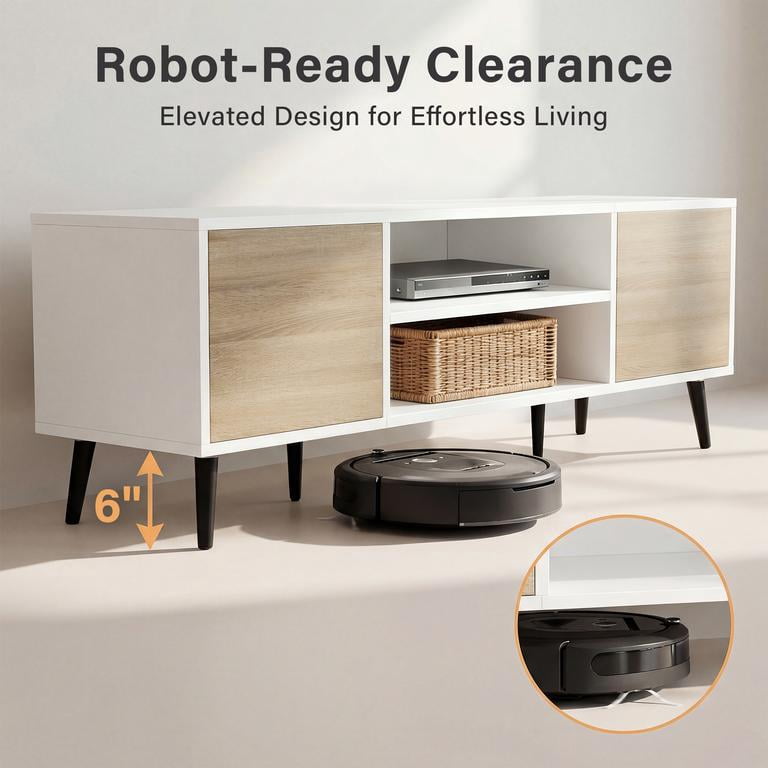 Vineego TV Stand for 65 Inch TV with 2 Push-to-Open Doors, Mid-Century Modern Media Console with Open Shelves, Entertainment Center for Living Room Bedroom, Beige & White