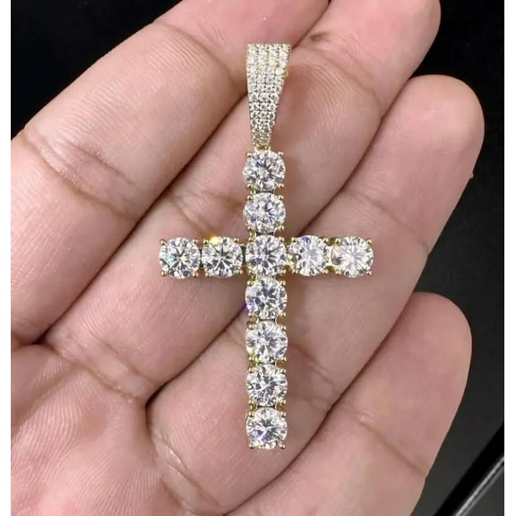 Aishvi Jewels 3Ct Round Cut Natural Moissanite Christmas Cross Pendant 14K Yellow Gold Plated