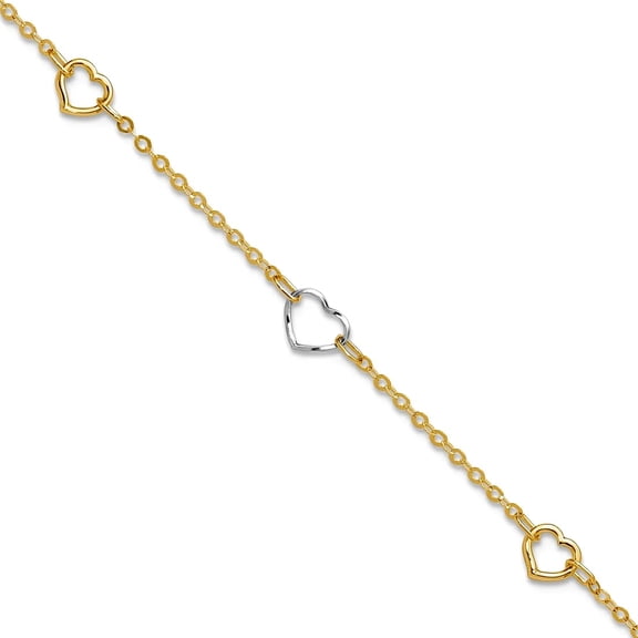 14k Two-tone Gold Polished Love Heart Plus 1in Ext Anklet 9 Inch 1.5mm Wide Anklet for Women