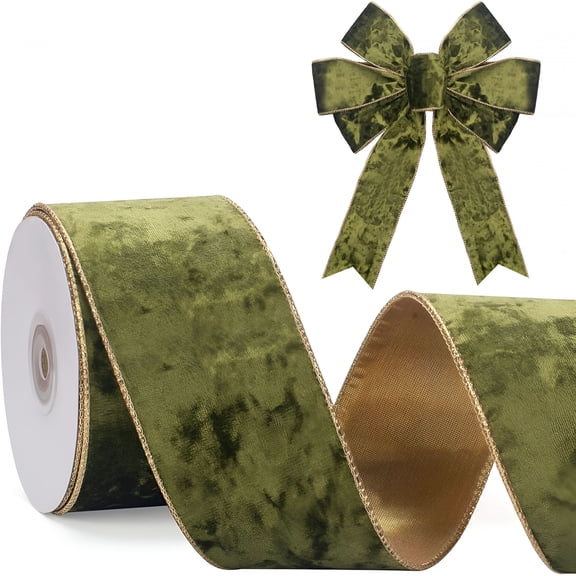 AUQ Velvet Wired Ribbon 2.5 Inch Crushed Velvet with Gold Edge Christmas Wired Ribbon for Gift Wrapping Christmas Tree Decor Wreath Supplies Crafts Bow Making 10 Yards