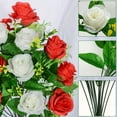 thumbnail image 2 of 2 Set Cemetery Memorial Artificial Flower Rose Bouquet with Vase Sympathy Fake Floral Grave Funeral Deco Red White, 2 of 5