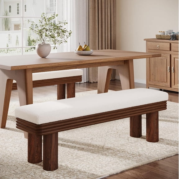 Tribesigns 55-Inch Upholstered Dining Bench, Modern Dining Bench with Faux Shearling Padded Seat for Dinner Room, Living Room