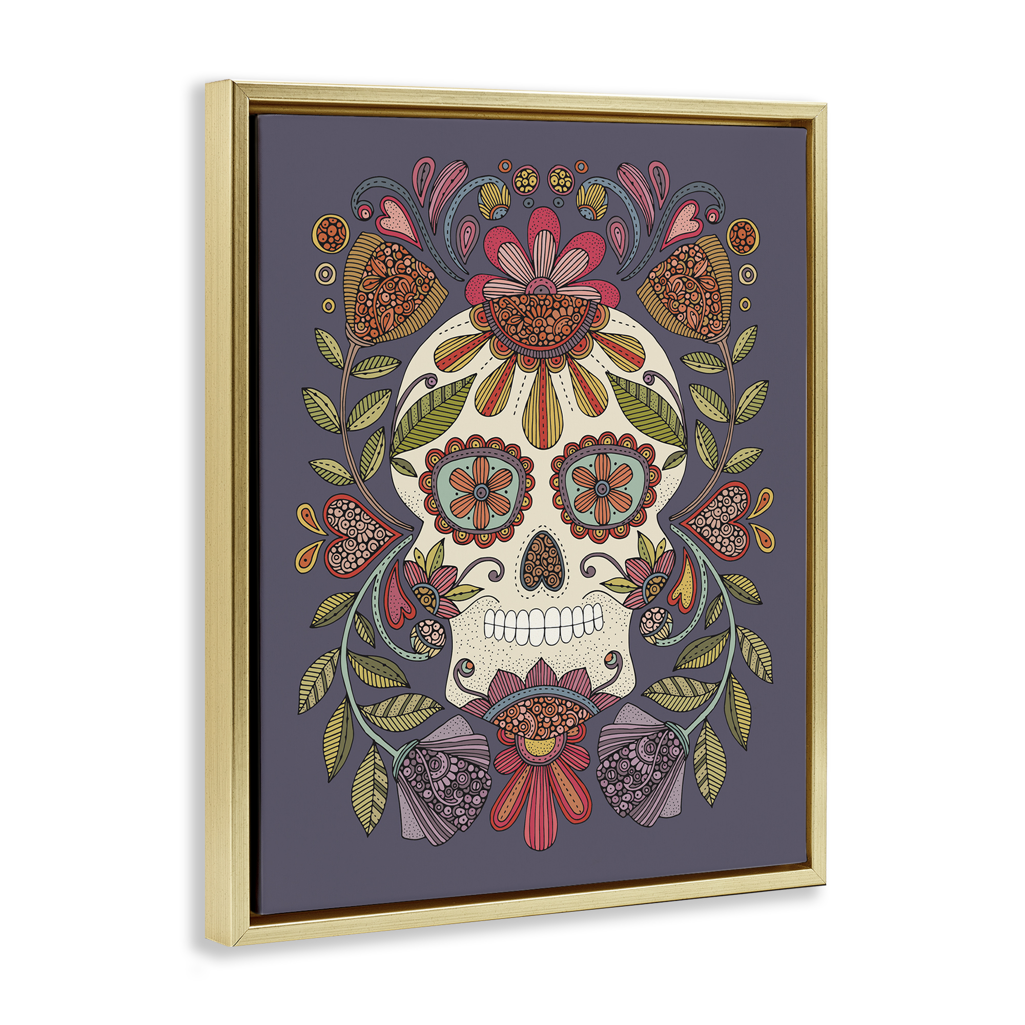 Stupell Industries Patterned Sugar Skull Holiday Painting Gold Floater Framed Art Print Wall Art, 25 x 31