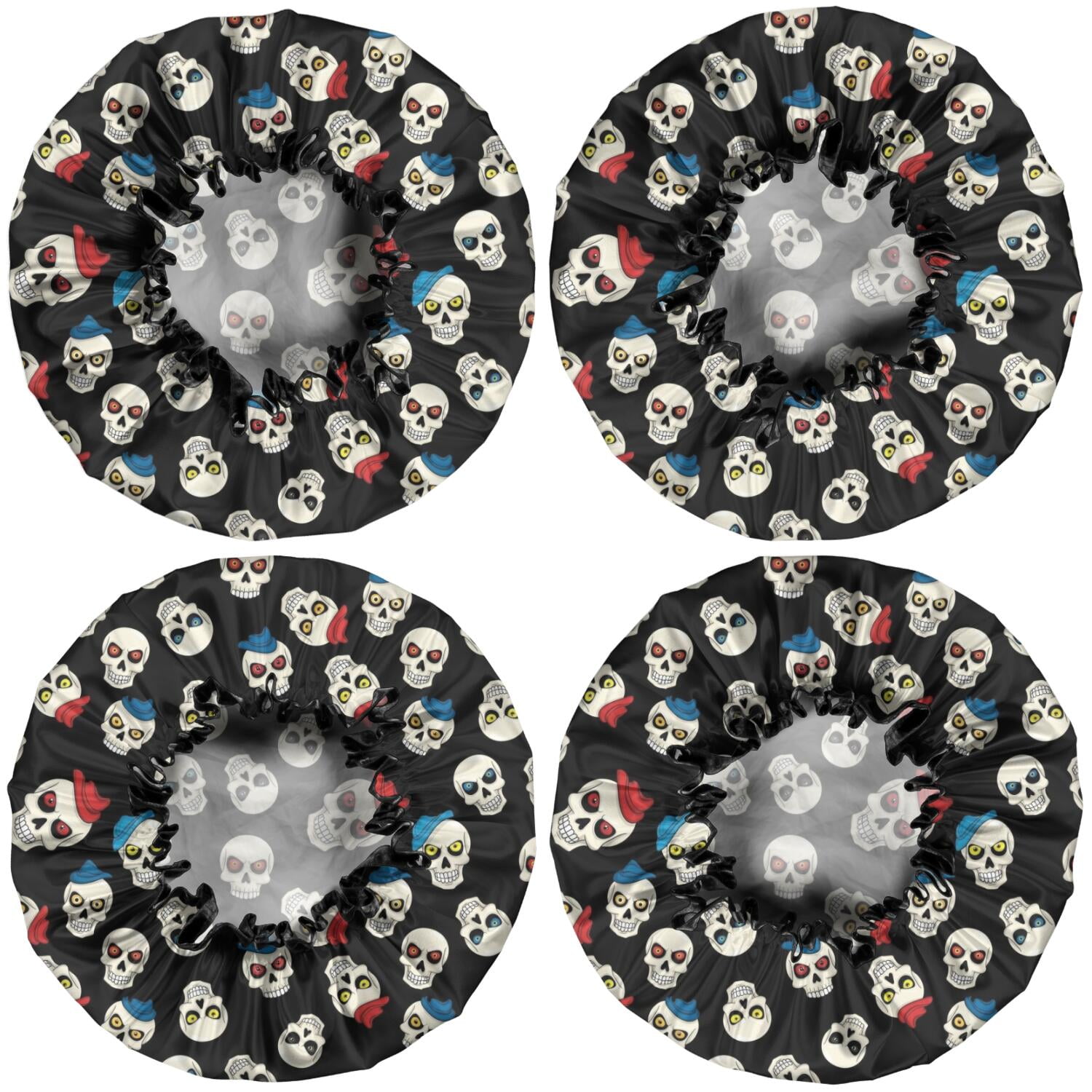 Shower Caps,Black Cartoon Skull Pattern Waterproof Shower Cap for Women 4 Pieces,Double Reusable Hair Cover for Shower PEVA Elastic Stretch Hem