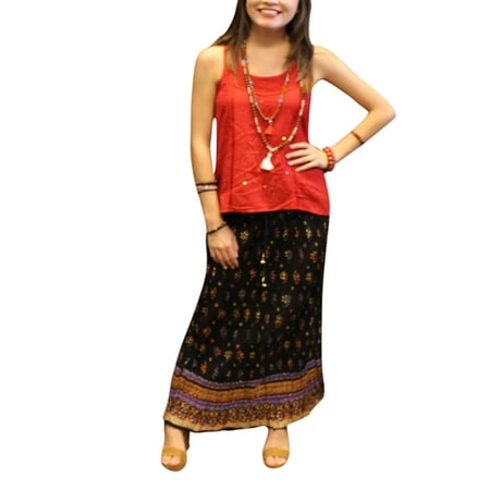 Mogul Women's Black Long Skirt Printed Vintage Elastic Waist Tiered Boho Gypsy Maxi Skirts