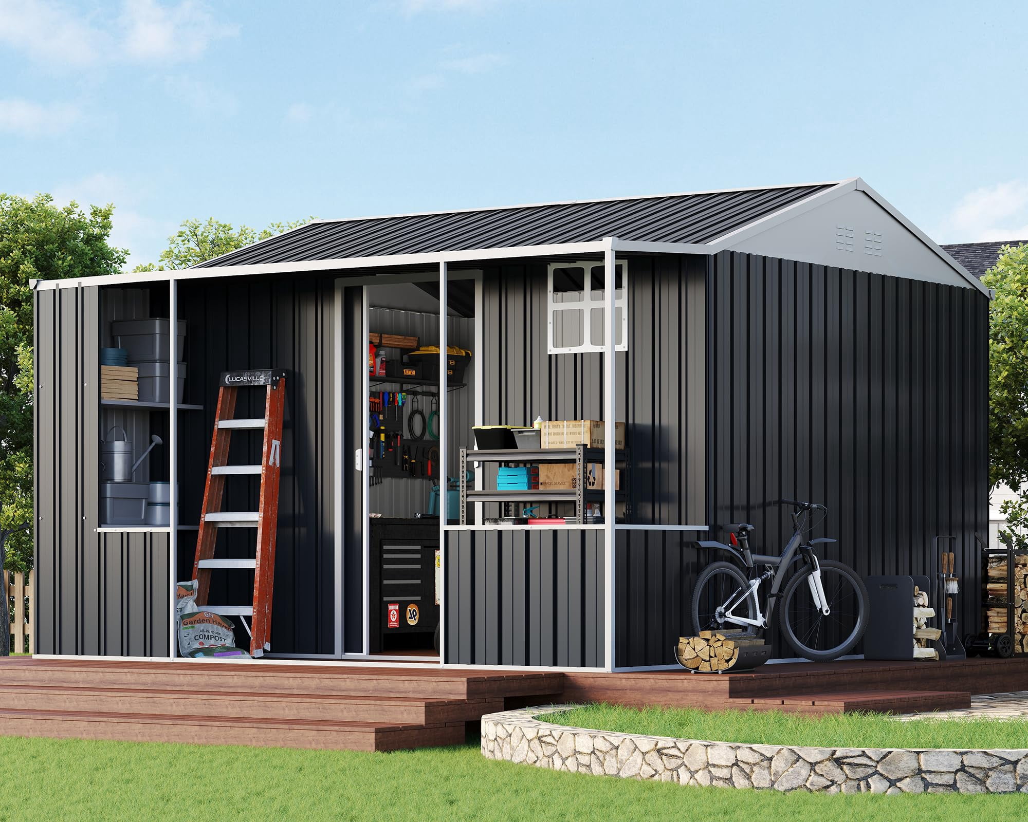 Jocisland 10x10.5x7 FT Metal Storage Shed, Dual-Zone Tool Shed with Work Area, Reinforced Frame, Gable Roof, Ventilated Design, Dark Grey