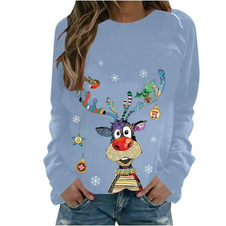 

jsaierl Women s Christmas Sweatshirts Long Sleeve Elk Graphic Top Funny Crewneck Sweatshirt Cute Pullover Christmas Gifts for Teen Girls