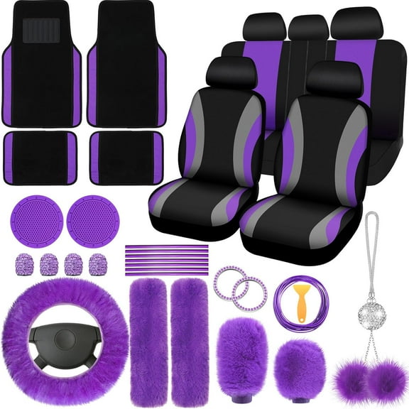 chalian 47 Pcs Car Seat Cover Full Set Car Accessories for Front Rear Seat Fluffy Steering Wheel Cover Belt Automotive Floor Mats Air Conditioner Decoration Strip(Purple)