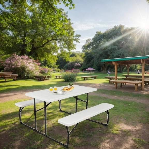 Topcobe Indoor and Outdoor Folding Picnic Table Bench Set with Wood-like Texture, Outdoor Patio Furniture for Balcony Garden Backyard-White