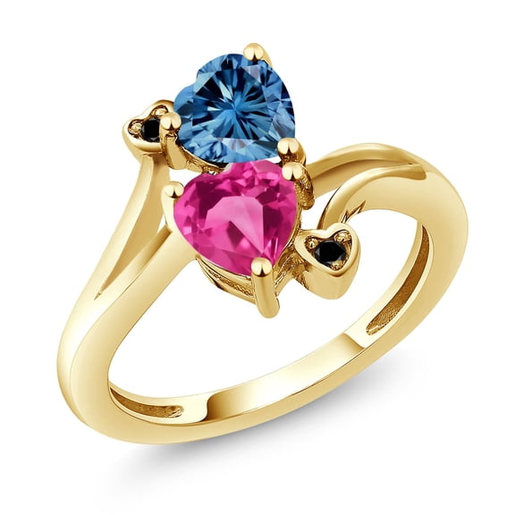 Gem Stone King 18K Yellow Gold Plated Silver Persian Blue Moissanite Pink Created Sapphire and Black Diamond Ring for Women (1.63 Cttw, Heart Shape 6MM, Gemstone Birthstone, Size 5)