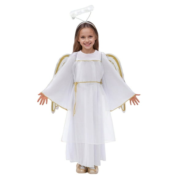 DHFJKG Girls Childrens Angel Dress Up Outfit Long Sleeve Ankle-Length Dress With Belt And Wings For Stage Performance Elegant Trendy Outfit