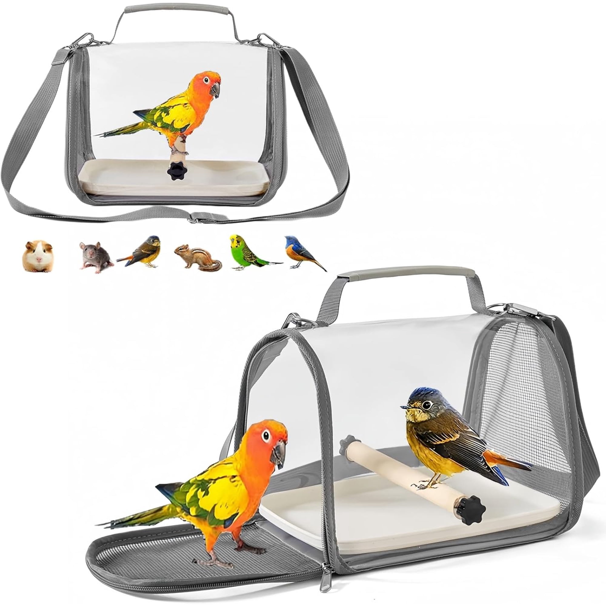 Portable Small Bird Travel Cage Carrier, A Convenient Go Out Solution for Various Birds and Lizard, Featuring a Standing Perch and Comfortable Mat (with Tray).