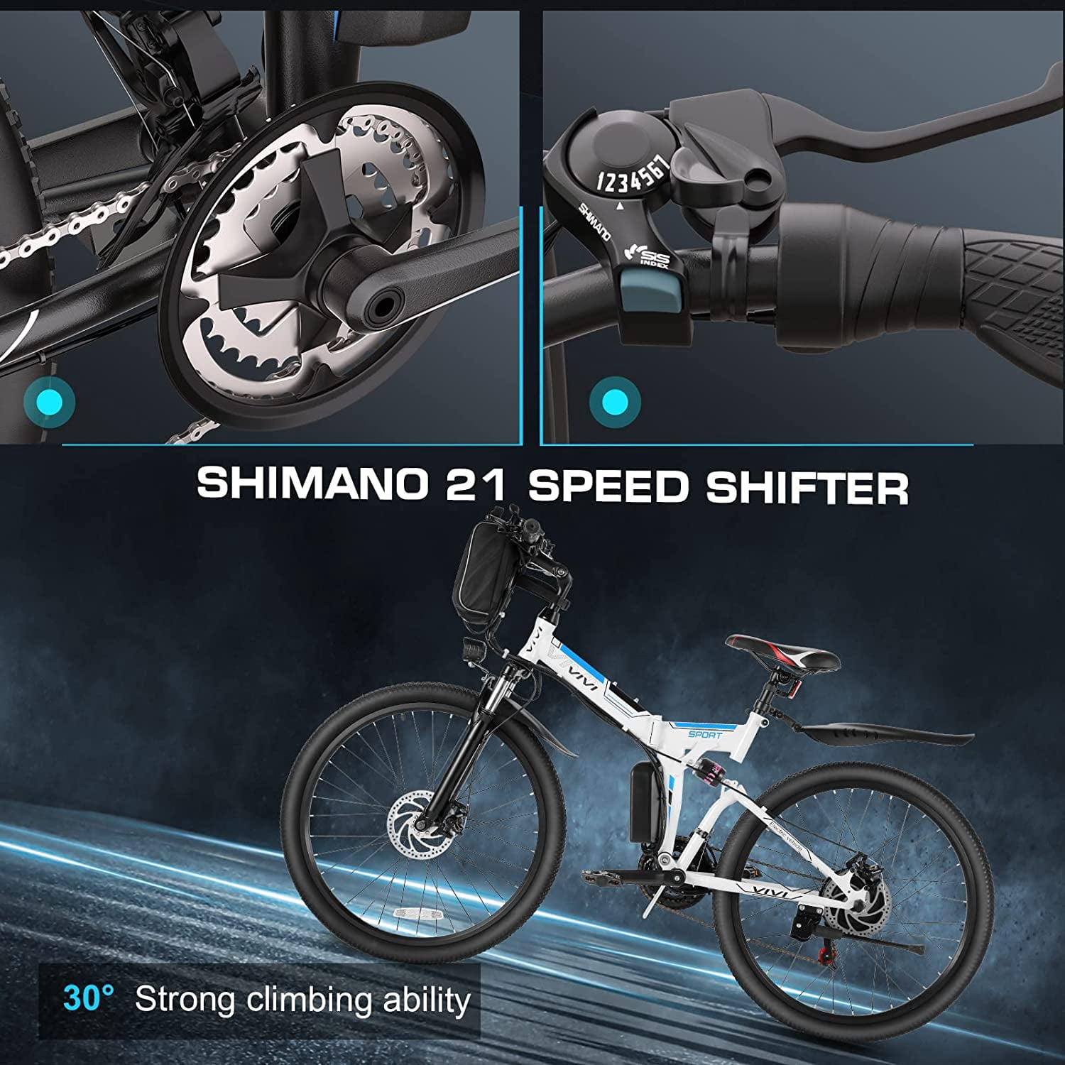 Vivi Electric Bike 26'' Folding Electric Mountain Bike 500W Full Suspension Electric Bike 21 Speed with Cruise Control, 48V Removable Battery, Up to 20MPH & 50 Miles