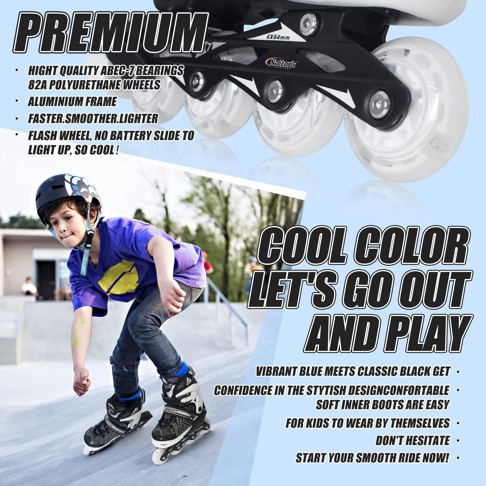 MammyGol Adjustable Inline Skates for Kids with Light-Up Wheels - Youth Teens Roller Skates for Beginners Boys Girls, Outdoor Recreational Skates Black 5-8