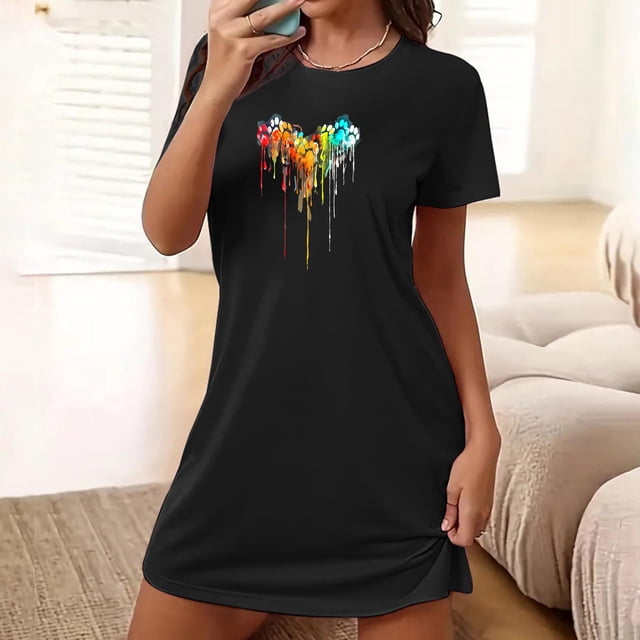 Drppepioner Nuisette Courte Surdimensionnée pour Femme, Mode, Imprimé sur la Poitrine, Manches Courtes, Chemise de Nuit à Manches Courtes, Nuisette Décontractée Noire