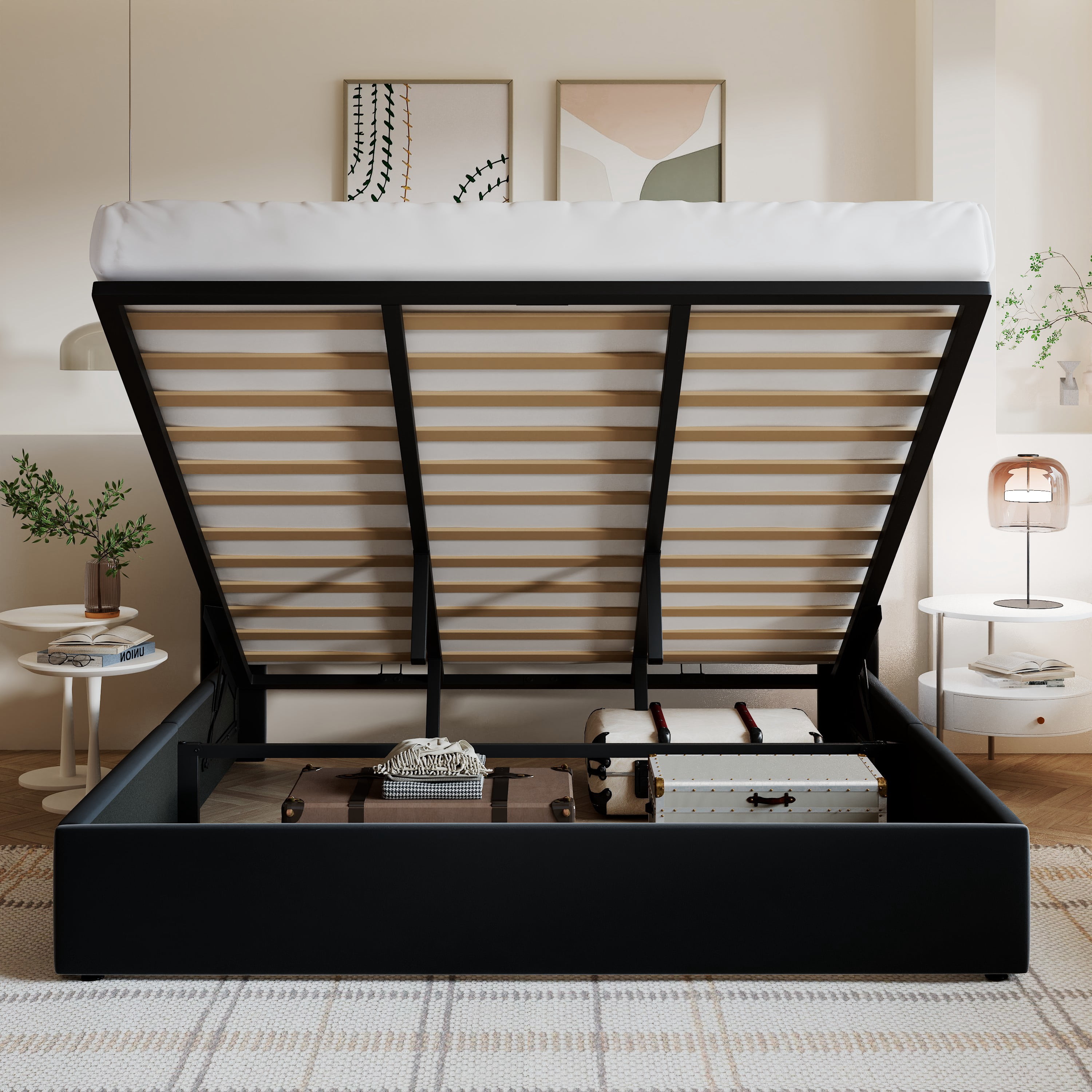 Amolife King Size Bed Frame, Velvet Lift Up Storage Platform Bed with Upholstered Panel Wingback Headboard, Black