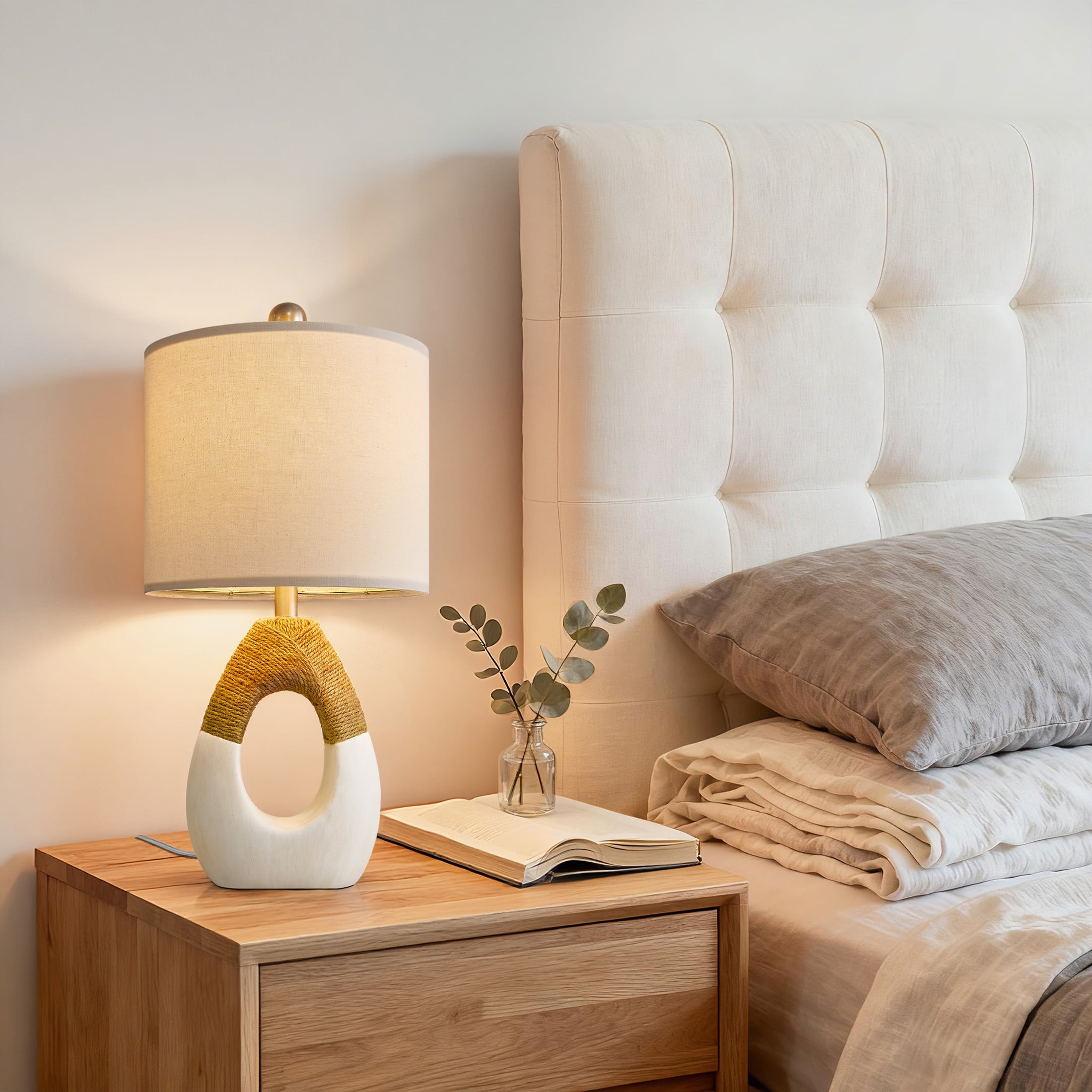 Oneach 19" White Boho Table Lamp for Living Room Bedroom Modern Resin Bedside Nightstand Lamps Set of 2 for Office Study Rattan Light