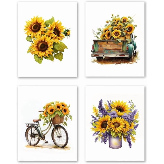 Bathroom Wall Art Canvas Prints,Sunflower Wall Art Posters, Floral Wall Art Painting,Living Room Bathroom Aesthetics Wall Art Decor,Set of 4(8 * 10inch,Unframed).