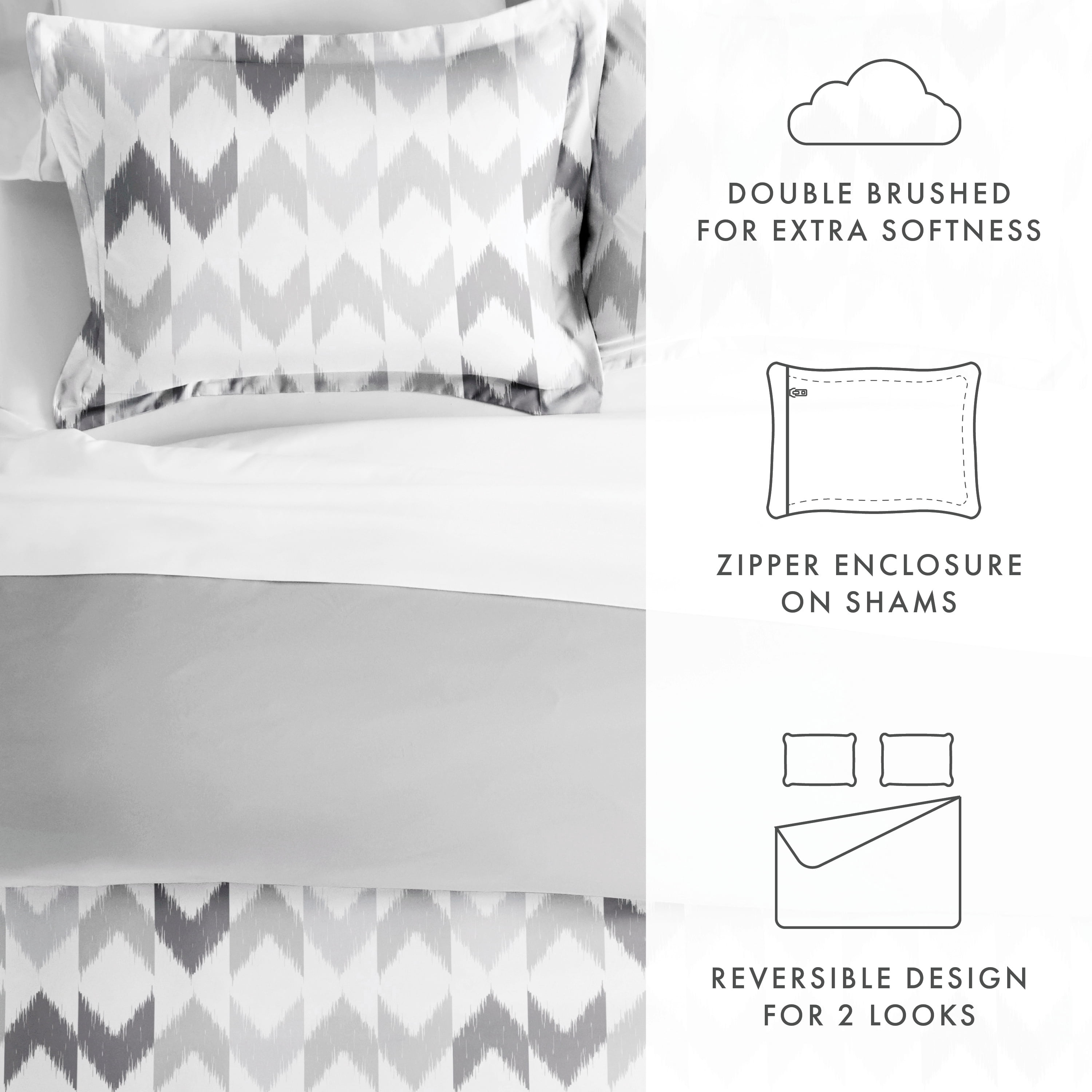 Noble Linens Gray Reversible Chevron Sleep Print 3-Piece Duvet Cover Set, Full/Queen