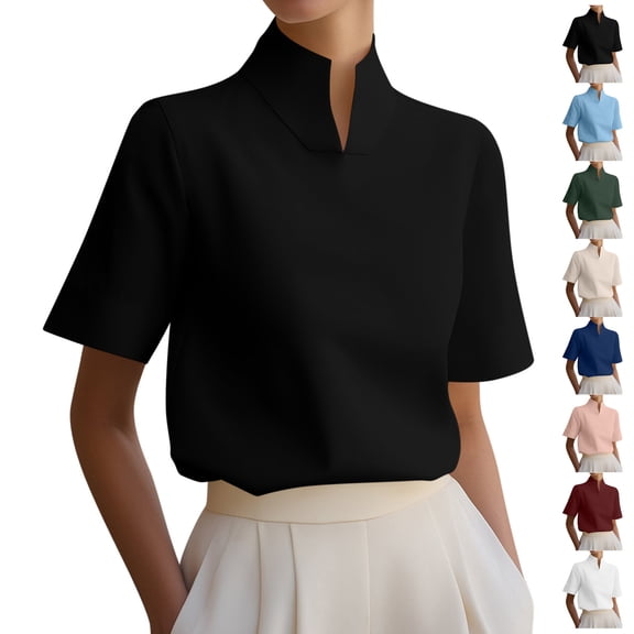 TGSLY Stand Collar Tops for Women Lightweight Soft Split V Neck Short Sleeve Shirts Dressy Casual Solid Color Business Blouses M