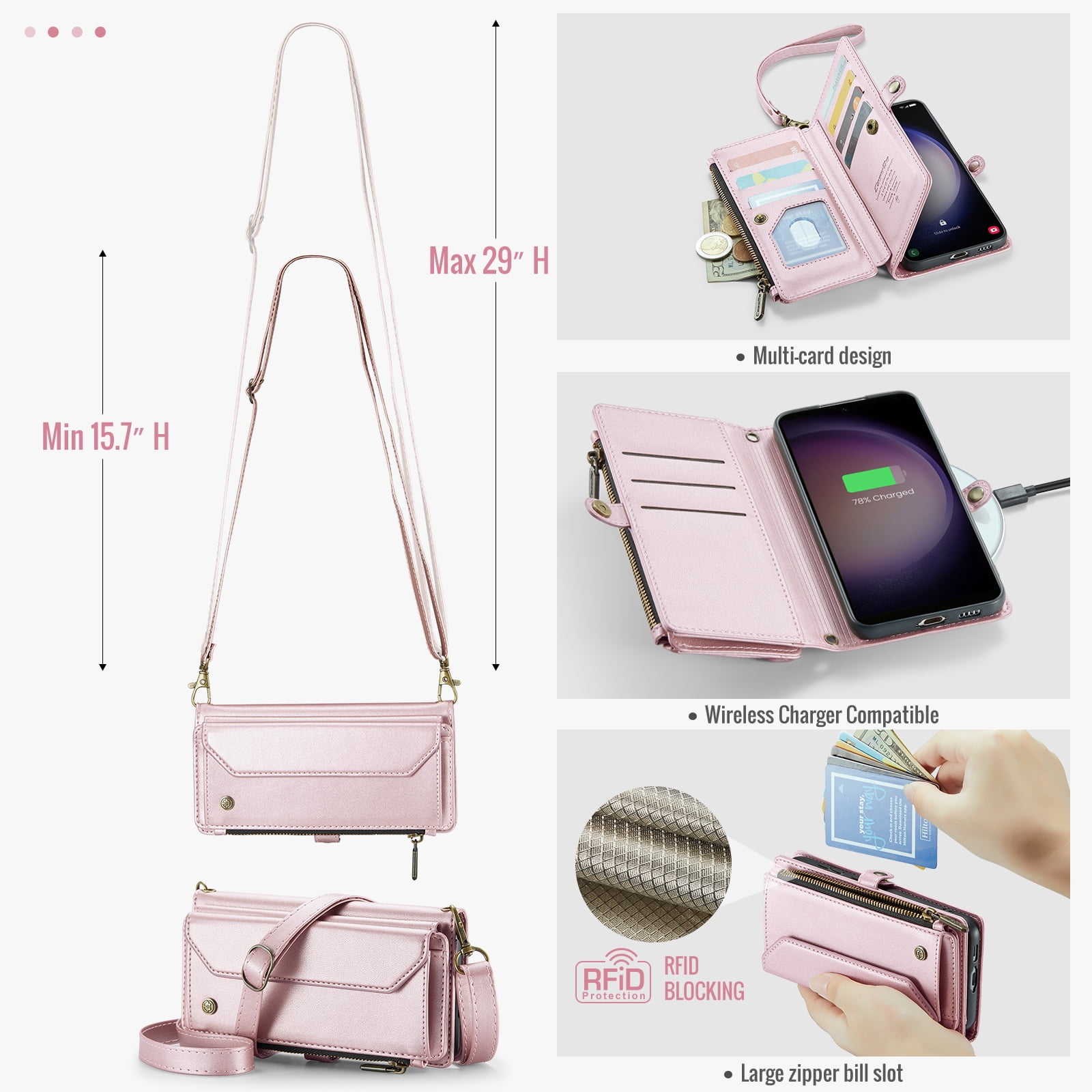 for Samsung Galaxy A12 5G Full Body Protection Wallet Folio Flip Case, Shoulder Strap & Wristlet Card Slots Zipper Pocket RFID Blocking Rugged Durable PU Leather Phone Case Cover, Pink