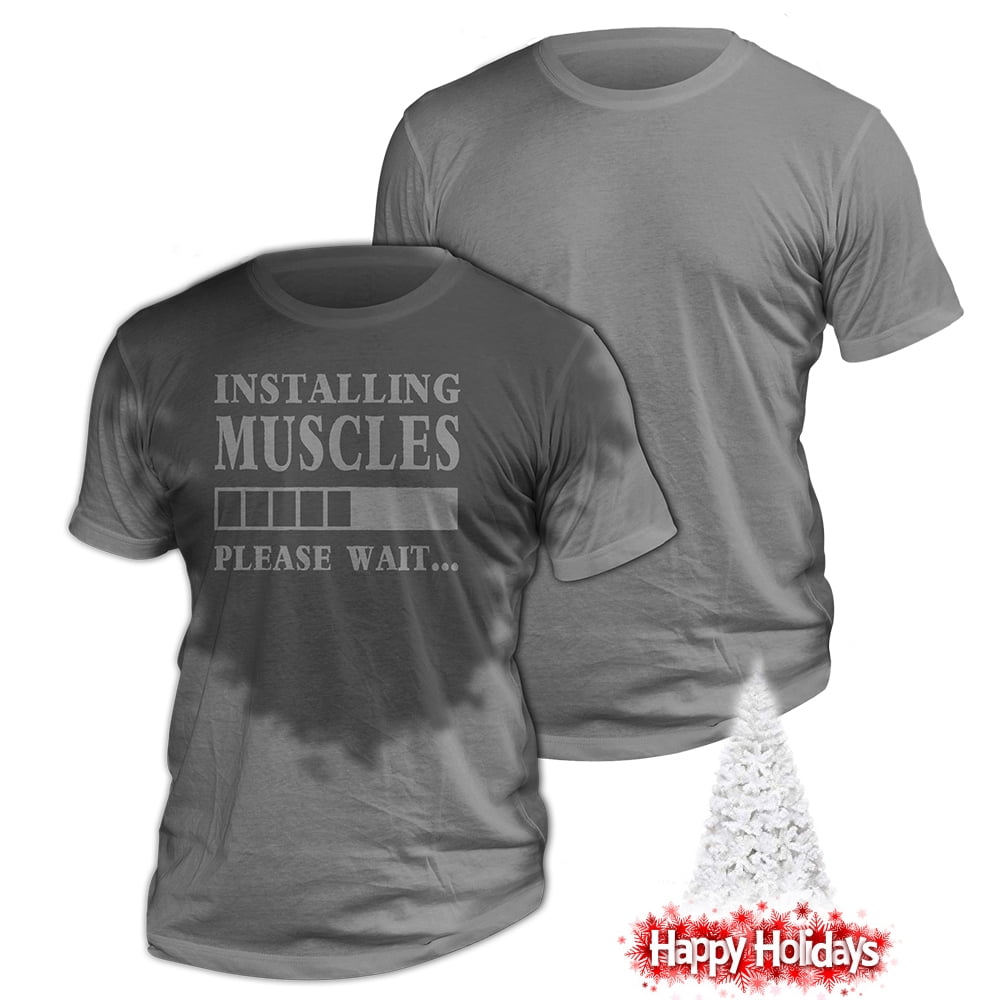 Mens/Adults Novelty Tshirt Funny/Joke/Gift/Theme/Present/Fitness/Gym/Workout Installing Muscles Please Wait