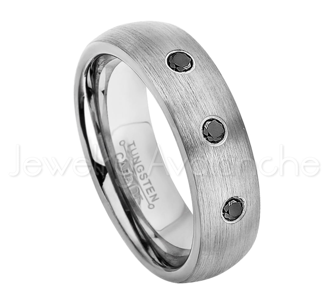 6mm Brushed Dome Tungsten Ring 0.21ctw Black Diamond 3stone Band