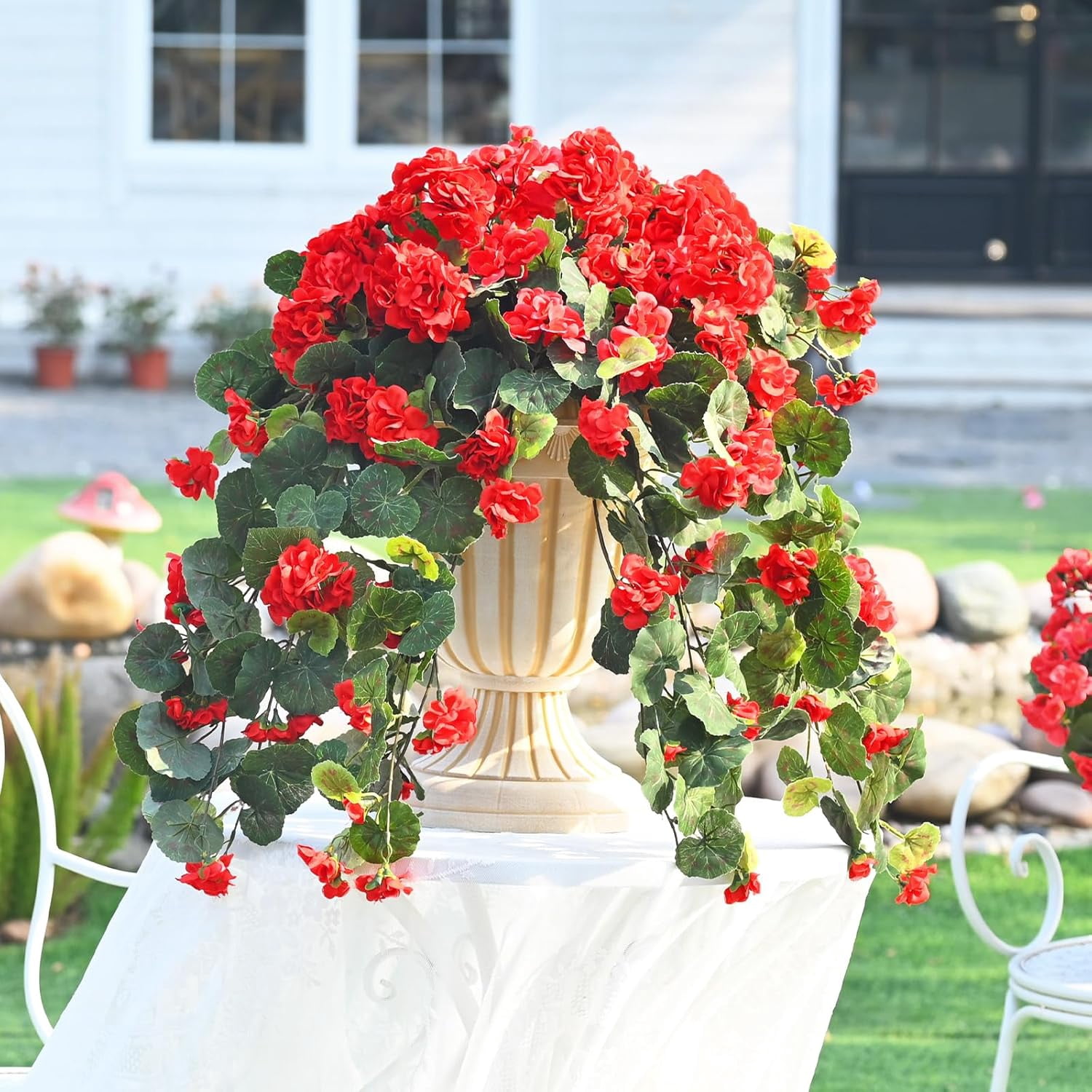 Waipfaru Artificial Hanging Flowers for Outdoors, 4Pcs UV Resistant Faux Silk Geranium Fake Flowers for Garden Porch Window Home Decor(Red)