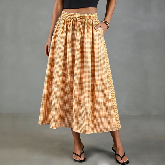 Women's Embroidery Cotton Linen Midi Skirts A Line Flowy Swing Elastic Waist Bohemian Skirt Casual Beach Party Skirt Orange M