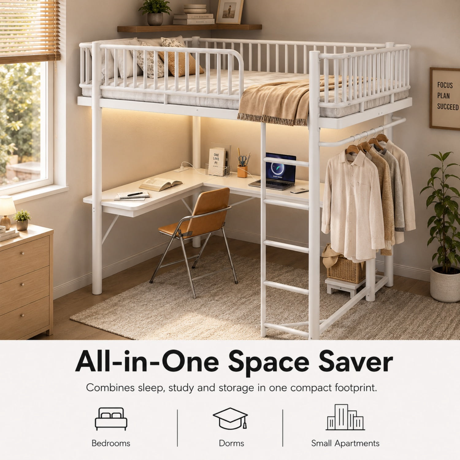 Miniyam Full Metal Loft Bed with L-Shaped Desk, LED Light Strip, Charging Station and PC Tower Tray, White